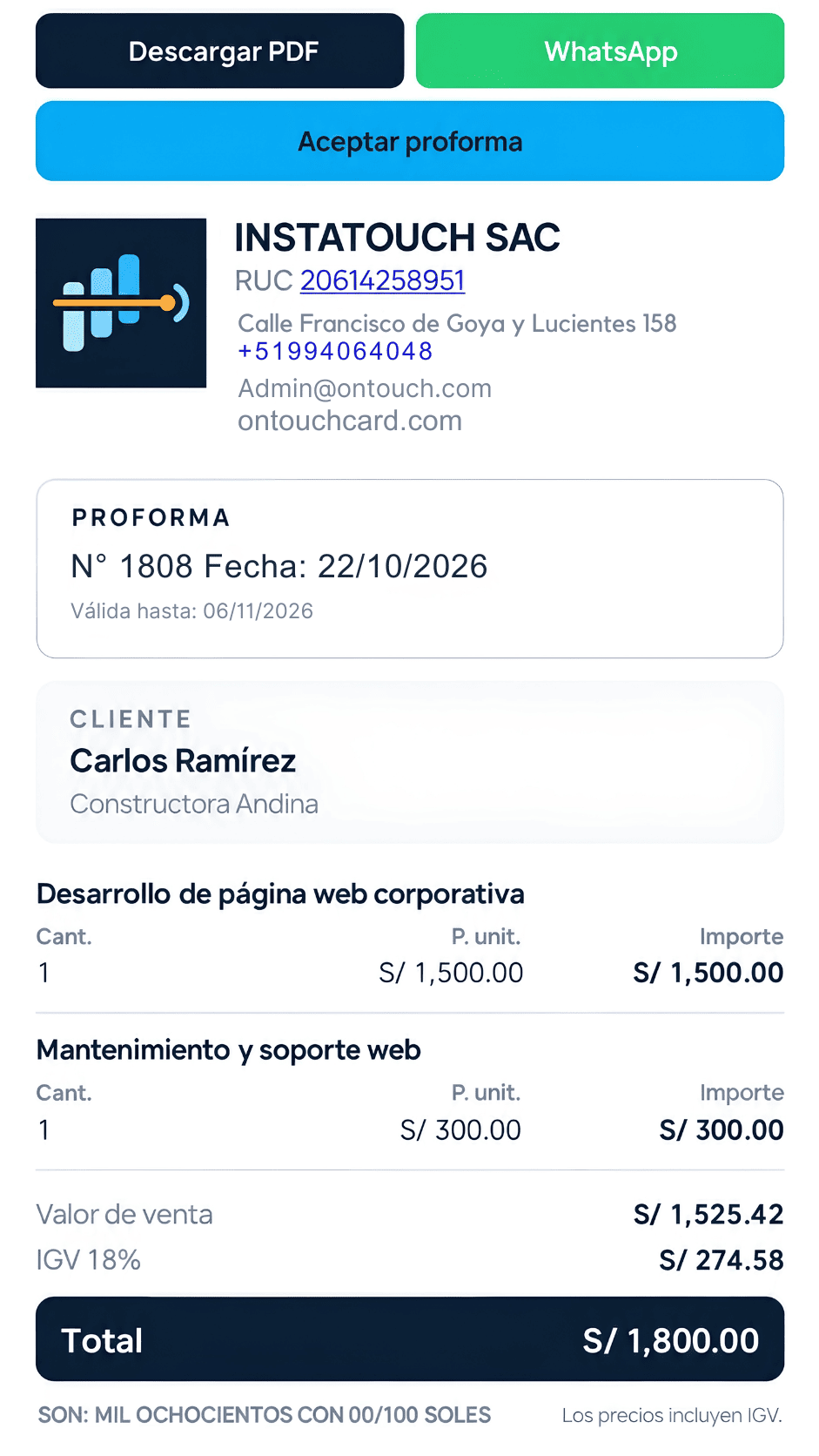 Cotización enviada por WhatsApp