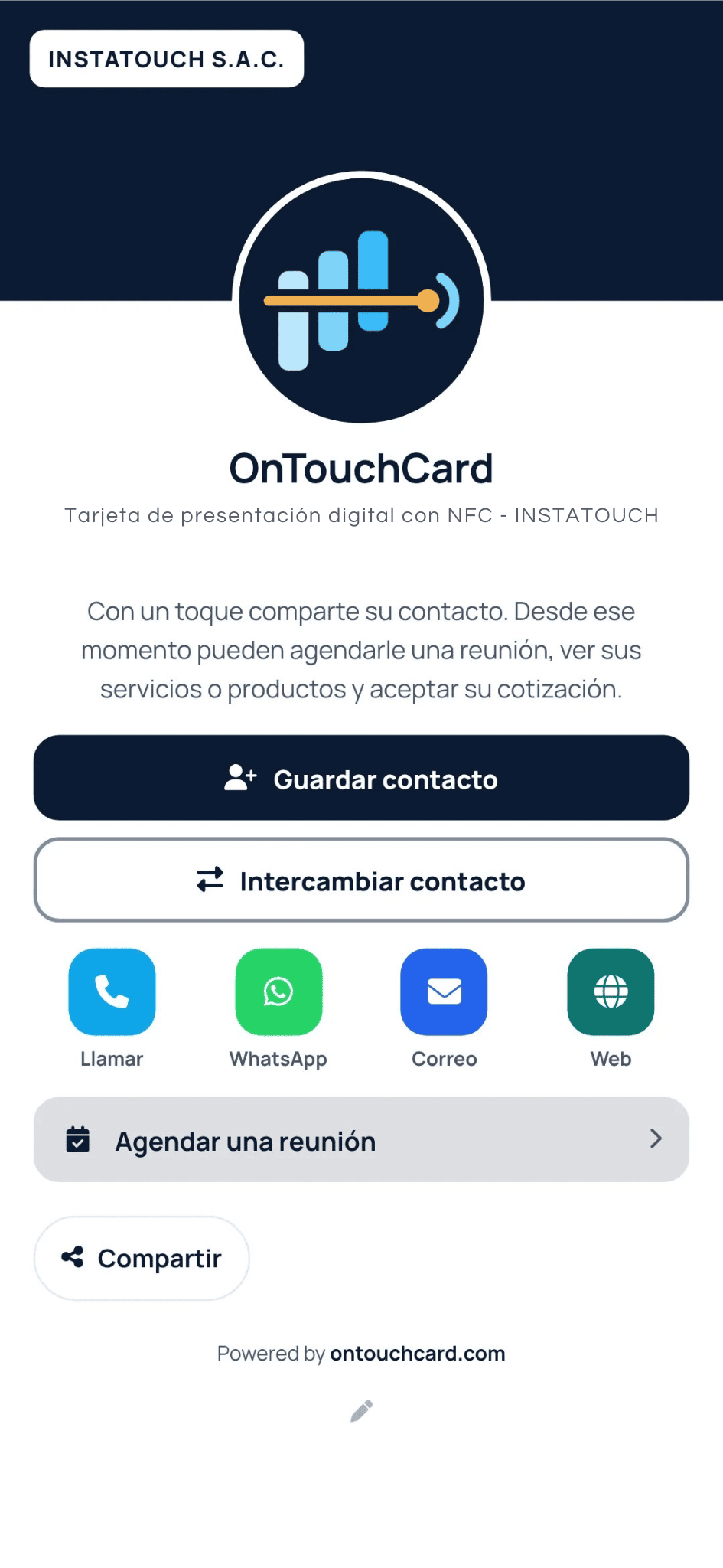 Tarjeta digital de OnTouchCard vista en un celular